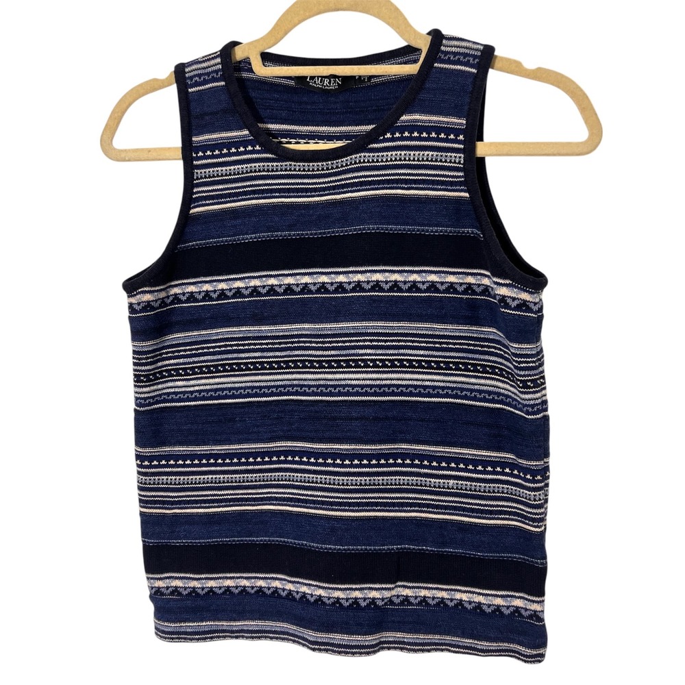 Lauren Ralph Lauren Knit Top Women S Blue Striped Cotton Linen Southwestern Boho
